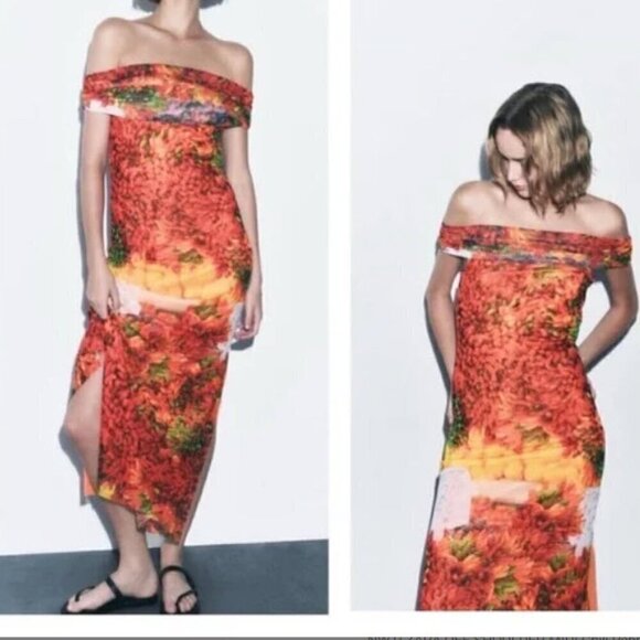 NWT Zara Off Shoulder Midi Chili Pepper Printed Tulle Dress - Size Small - Picture 1 of 5